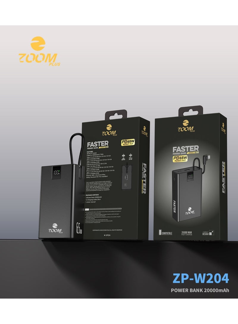 زوم بلس باور بنك زوم بلس FASTER ZP-W204 بسعة 20000 مللي أمبير | شحن فائق السرعة PD بقوة 65 واط | إدخال/إخراج 65W | شاشة رقمية | تصميم احترافي قوي - Image 4